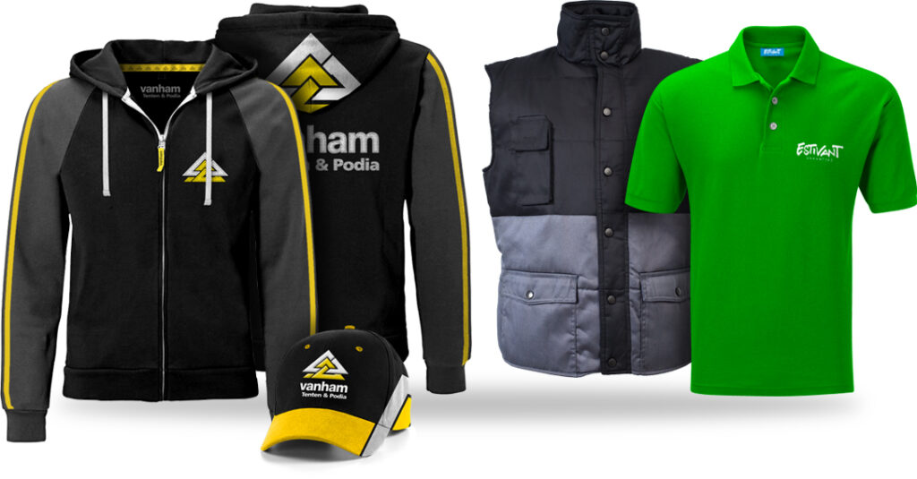 Custom made bedrijfskleding: hoodie, cap, bodywarmer en polo met bedrijfslogo